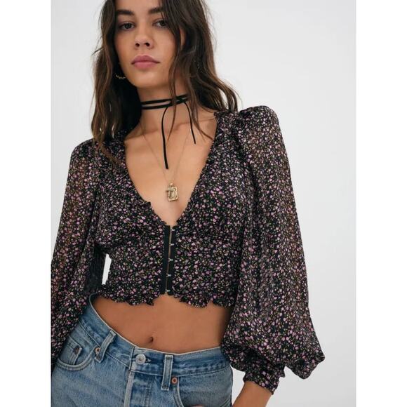 For Love & Lemons Black Long Sleeve Floral Sheet Top Size XS - Picture 1 of 8